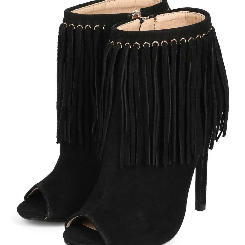 Suede Fringe Peep Toe Ankle Booties